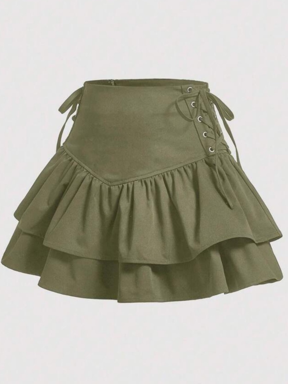 Olive Lace-Up Ruffle Mini Skirt - L - Picture 1 of 5